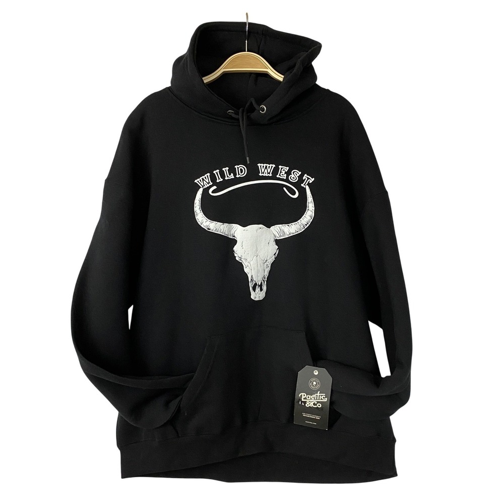 Pacific & Co Western Bull Skull Hoodie Mens XL Black Wild West Cowboy Streetwear